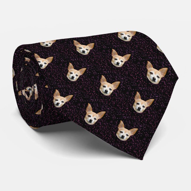 Cute Chihuahua Dog Purple Glitter Galaxy Pattern Neck Tie (Rolled)