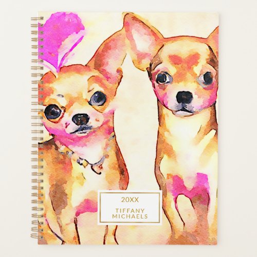 Cute Chihuahua Dogs Pink Heart Watercolor Planner