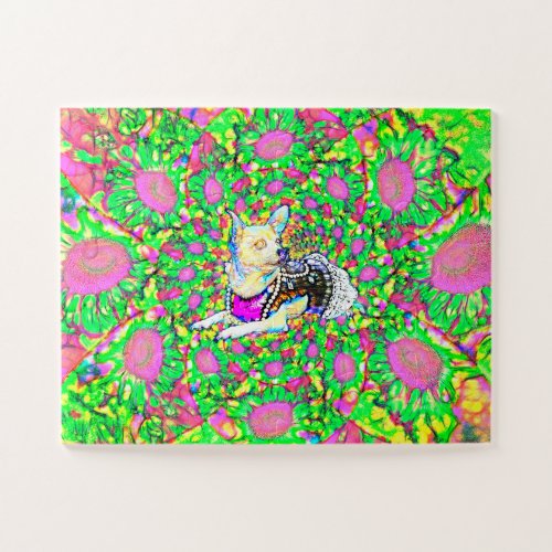 Cute Chihuahua Floral Pink Green Neon Pop Art Jigsaw Puzzle