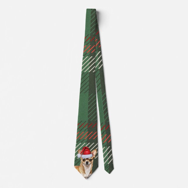 Cute Chihuahua Green Red Plaid Christmas Holiday Neck Tie (Front)