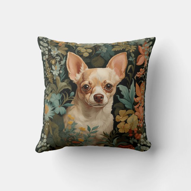 Cute Chihuahua in William Morris Style Garden Throw Pillow (Back)