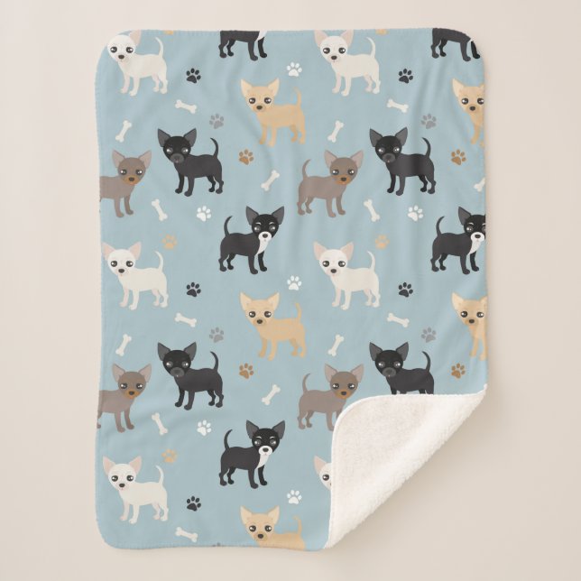 Cute Chihuahua Pattern Blue Sherpa Blanket (Front)