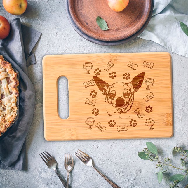 Cute Chihuahua Paws Treats Family Name Monogram Engraved Cutting Board (Creator Uploaded)