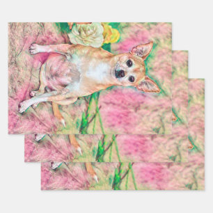Cute Chihuahua Pink Green Art Dog Portrait Wrapping Paper Sheets