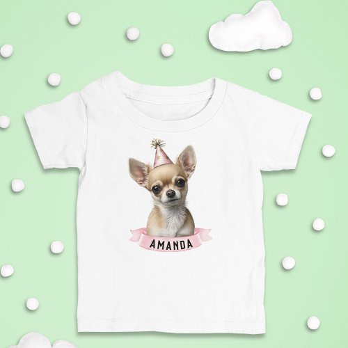 Cute Chihuahua Pink Party Hat Girly with Name Toddler T_shirt