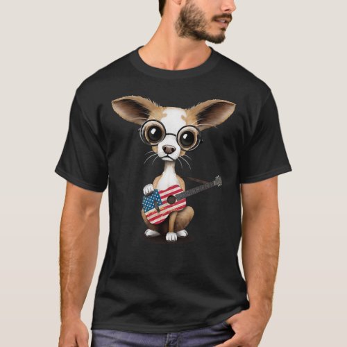 Cute Chihuahua Playing American Flag Guitar T_Shirt