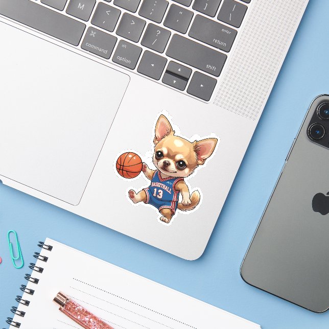Cute Chihuahua Playing Basketball Dog Kiss Cut Sticker (Laptop w/ iPhone)
