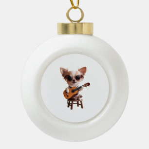 cute chihuahua playing classical guitar cartoon fu ceramic ball christmas ornament