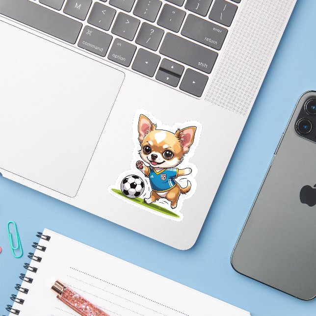 Cute Chihuahua Playing Soccer Dog Sports Kiss Cut Sticker (Laptop w/ iPhone)