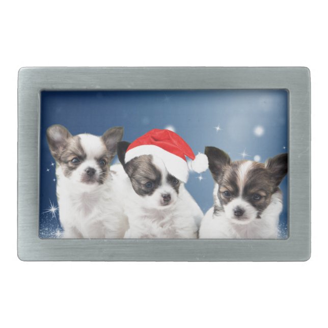 Cute Chihuahua Puppies with Santa Hat Christmas Belt Buckle (Front)