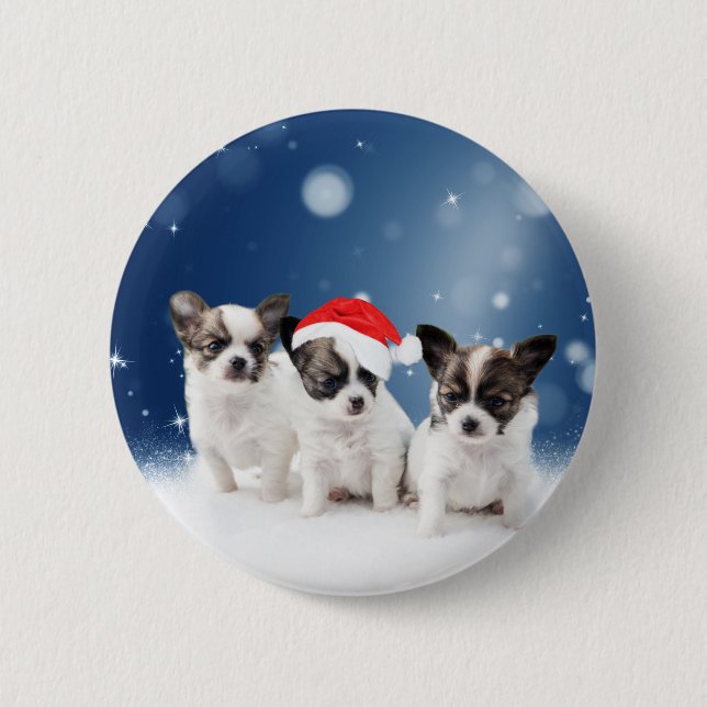 Cute Chihuahua Puppies with Santa Hat Christmas Button (Front)