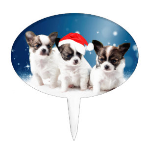 Cute Chihuahua Puppies with Santa Hat Christmas Cake Topper