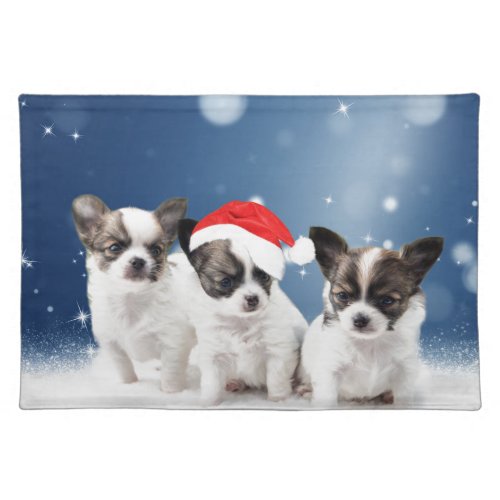 Cute Chihuahua Puppies with Santa Hat Christmas Cloth Placemat