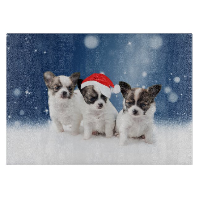 Cute Chihuahua Puppies with Santa Hat Christmas Cutting Board (Front)