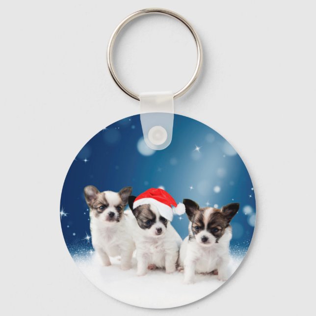 Cute Chihuahua Puppies with Santa Hat Christmas Keychain (Front)