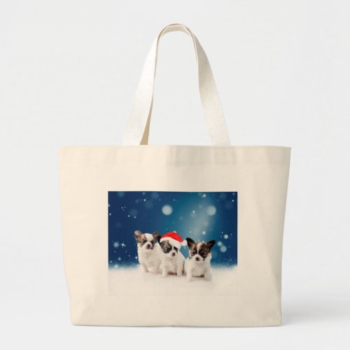 Cute Chihuahua Puppies with Santa Hat Christmas Large Tote Bag