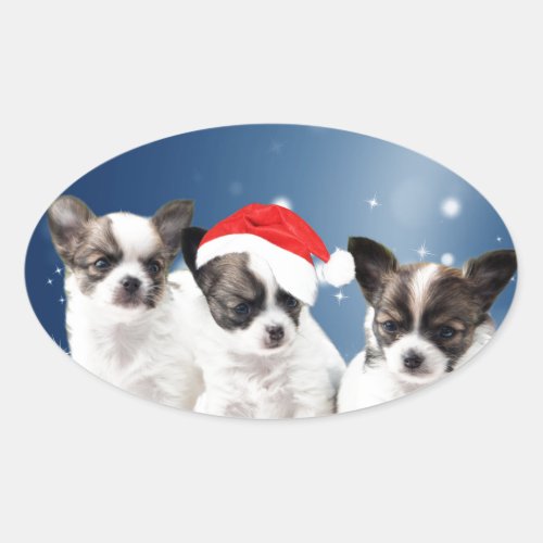 Cute Chihuahua Puppies with Santa Hat Christmas Oval Sticker