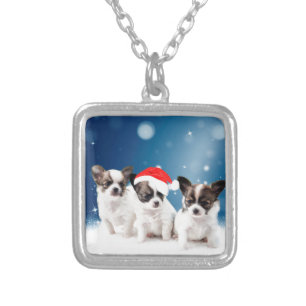 Cute Chihuahua Puppies with Santa Hat Christmas Silver Plated Necklace