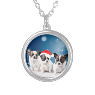 Cute Chihuahua Puppies with Santa Hat Christmas Silver Plated Necklace