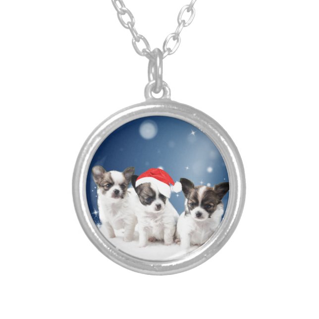 Cute Chihuahua Puppies with Santa Hat Christmas Silver Plated Necklace (Front)