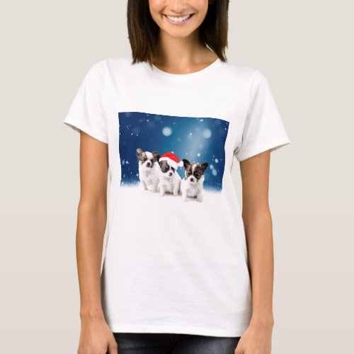 Cute Chihuahua Puppies with Santa Hat Christmas T_Shirt