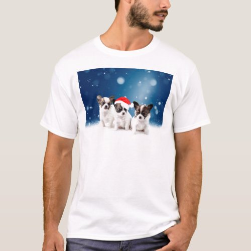 Cute Chihuahua Puppies with Santa Hat Christmas T_Shirt