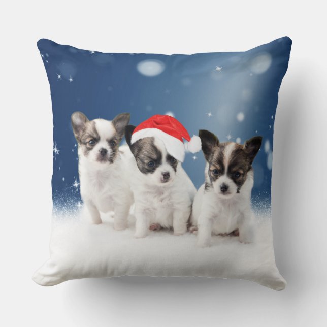 Cute Chihuahua Puppies with Santa Hat Christmas Throw Pillow (Front)
