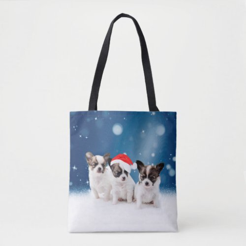 Cute Chihuahua Puppies with Santa Hat Christmas Tote Bag