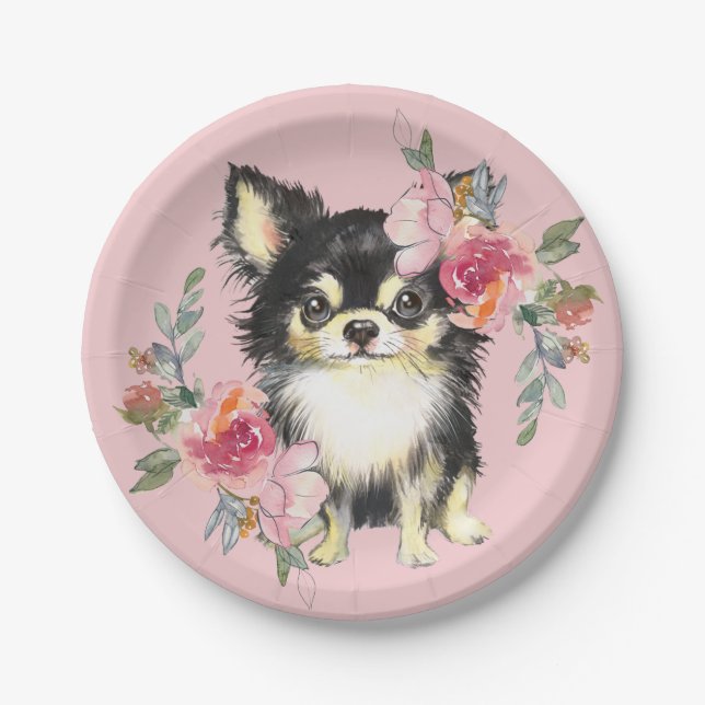 Cute Chihuahua Puppy and Flowers Watercolor Art  Paper Plates (Front)
