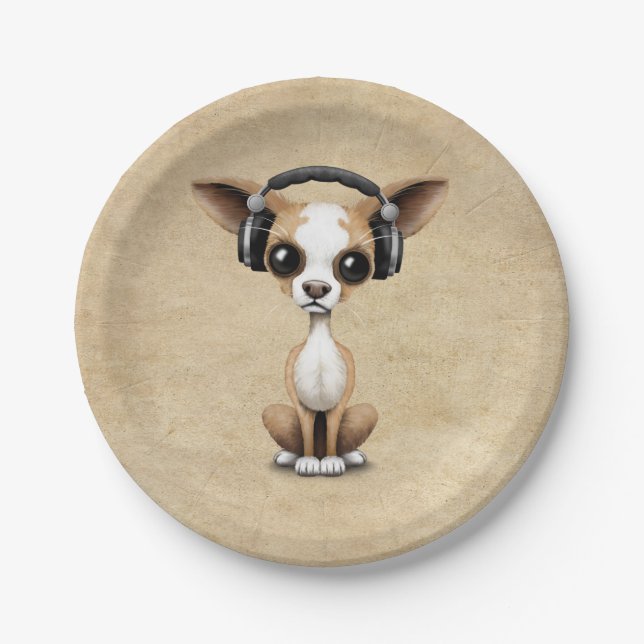 Cute Chihuahua Puppy Dj Wearing Headphones Paper Plates (Front)