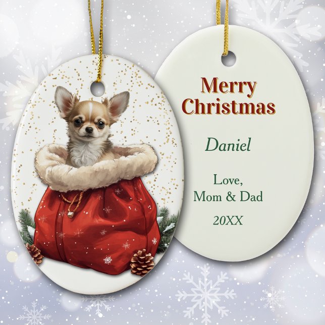 Cute Chihuahua Puppy Dog Christmas Gift Bag Ceramic Ornament (Creator Uploaded)
