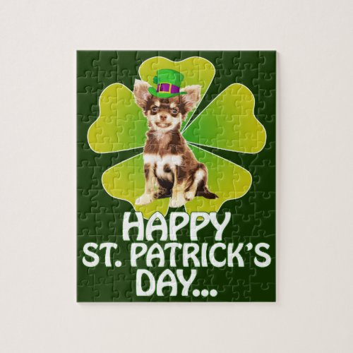 Cute Chihuahua Puppy Hat St Patrick Day Jigsaw Puzzle