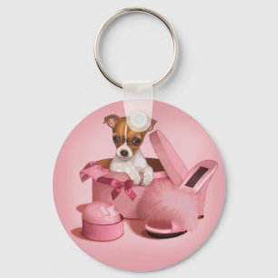 Cute Chihuahua Puppy in Hatbox Keychain