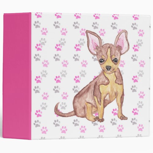 Cute Chihuahua Puppy in Watercolor and Paw Prints 3 Ring Binder