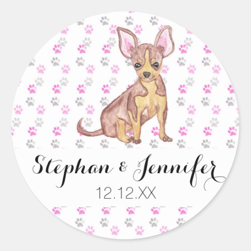 Cute Chihuahua Puppy in Watercolor and Paw Prints Classic Round Sticker