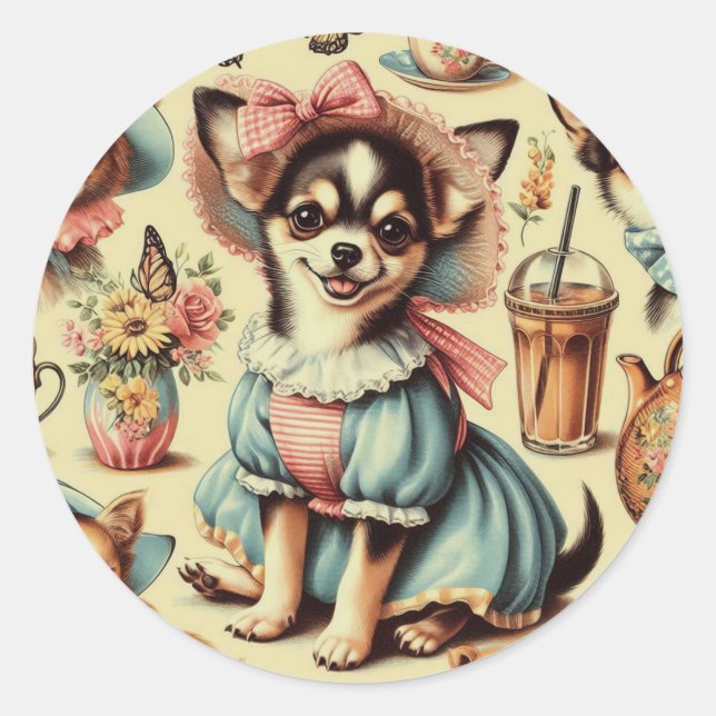 Cute Chihuahua Puppy Painting Classic Round Sticker (Front)