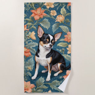 Cute Chihuahua William Morris Inspired Floral Beach Towel