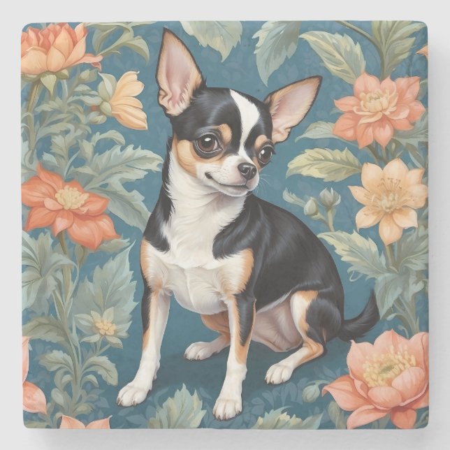 Cute Chihuahua William Morris Inspired Floral Stone Coaster (Front)