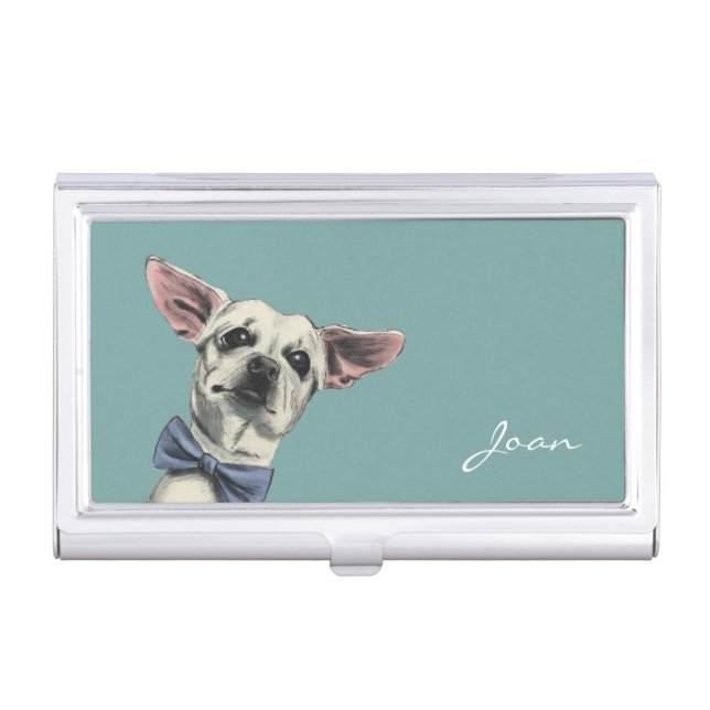 Cute Chihuahua with Bow Tie Drawing Business Card Holder (Front)