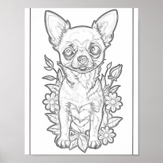Cute Chihuahua With Flowers Coloring Page Poster
