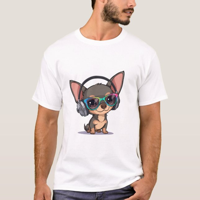 Cute Chihuahua With Headphone & Sunglasses T-Shirt (Front)