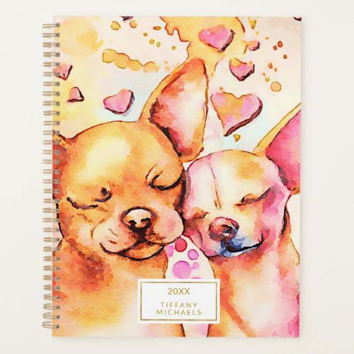 Cute Chihuahuas Pink Hearts Watercolor Dogs Planner