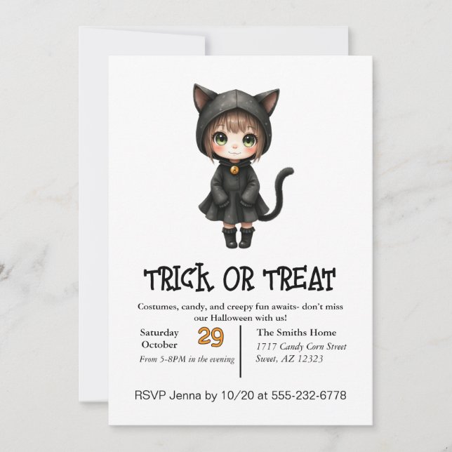 Cute Child Cat On Halloween In Costume Invitation (Front)