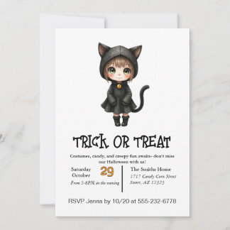 Cute Child Cat On Halloween In Costume Invitation