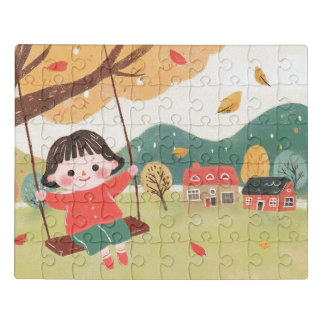 Cute Child on Swing Under Autumn Tree Jigsaw Puzzle