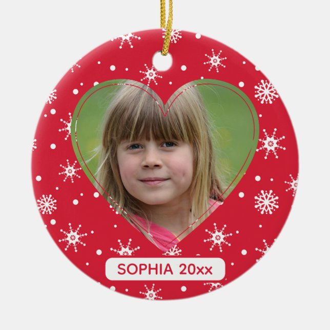 Cute Child Photo Snowflakes Red Christmas Ceramic Ornament (Front)