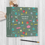 Cute Child School Memories 3 Ring Binder<br><div class="desc">Cute,  back to school memories book for children's ages.  Sweet cartoon characters of school objects on a green polka dot pattern background. 
Template for name on front,  spine title,  and years.</div>