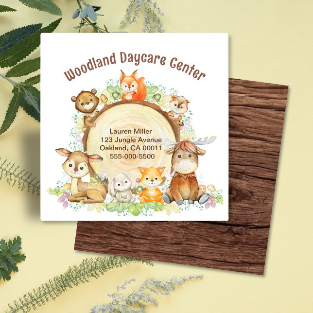 Cute Childcare Daycare Woodland Animals Square Business Card (Creator Uploaded)
