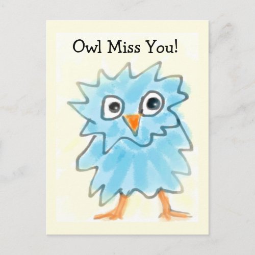 Cute Childish Blue Watercolor Owl Missing You Postcard