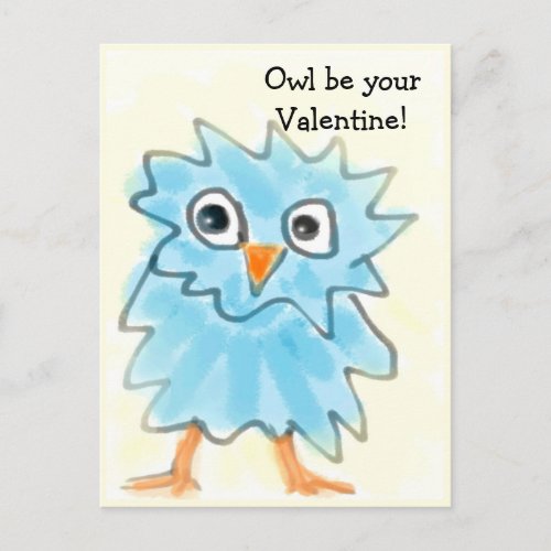 Cute Childish Blue Watercolor Owl Valentines Day  Postcard